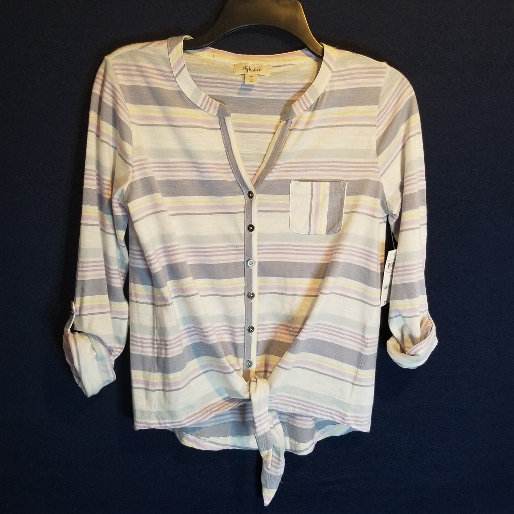 Style & Co. Tie Front Striped Shirt Featuring A V-Neckline Button-Down Front